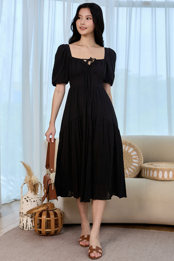 Lady Ribbon Pouf Sleeves Dress in Black - TheVelvetDolls