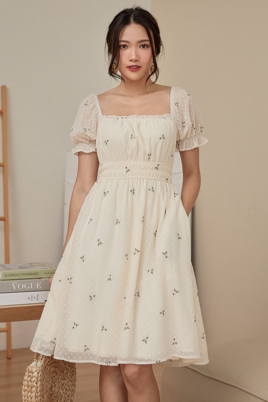 Restocked* Dotted Smocked-Waist Dress in Cream