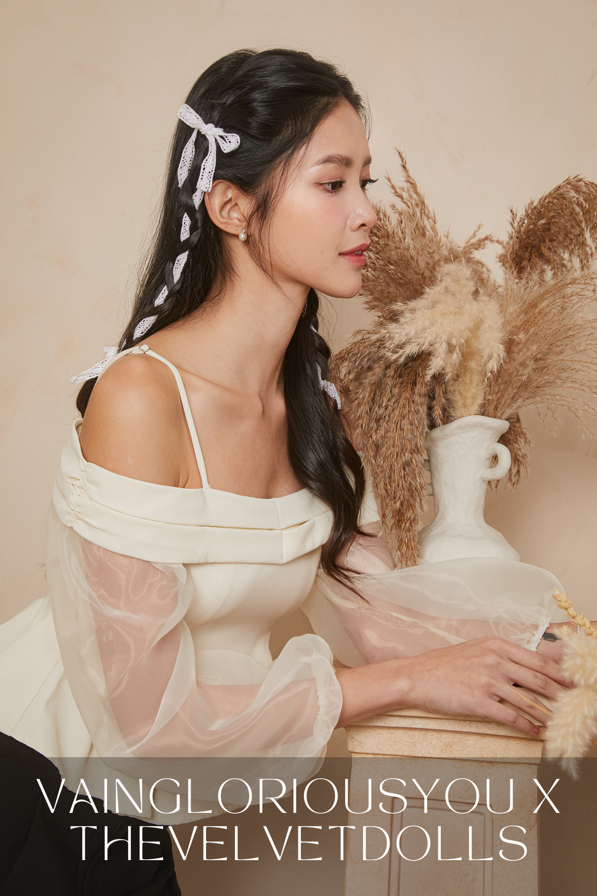 [VGY] Organza Sleeve Peplum Top in Chantilly Cream