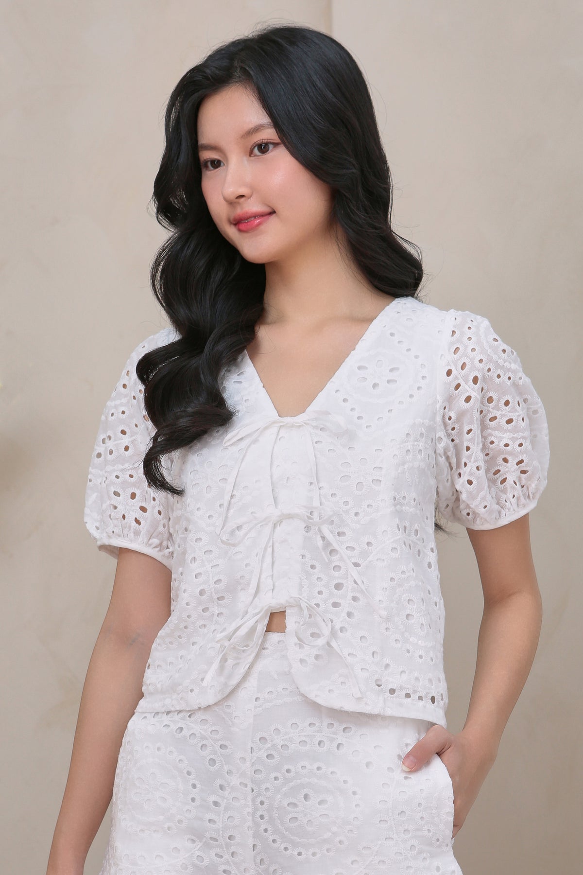 Two-Way Ribbon Eyelet Top in White