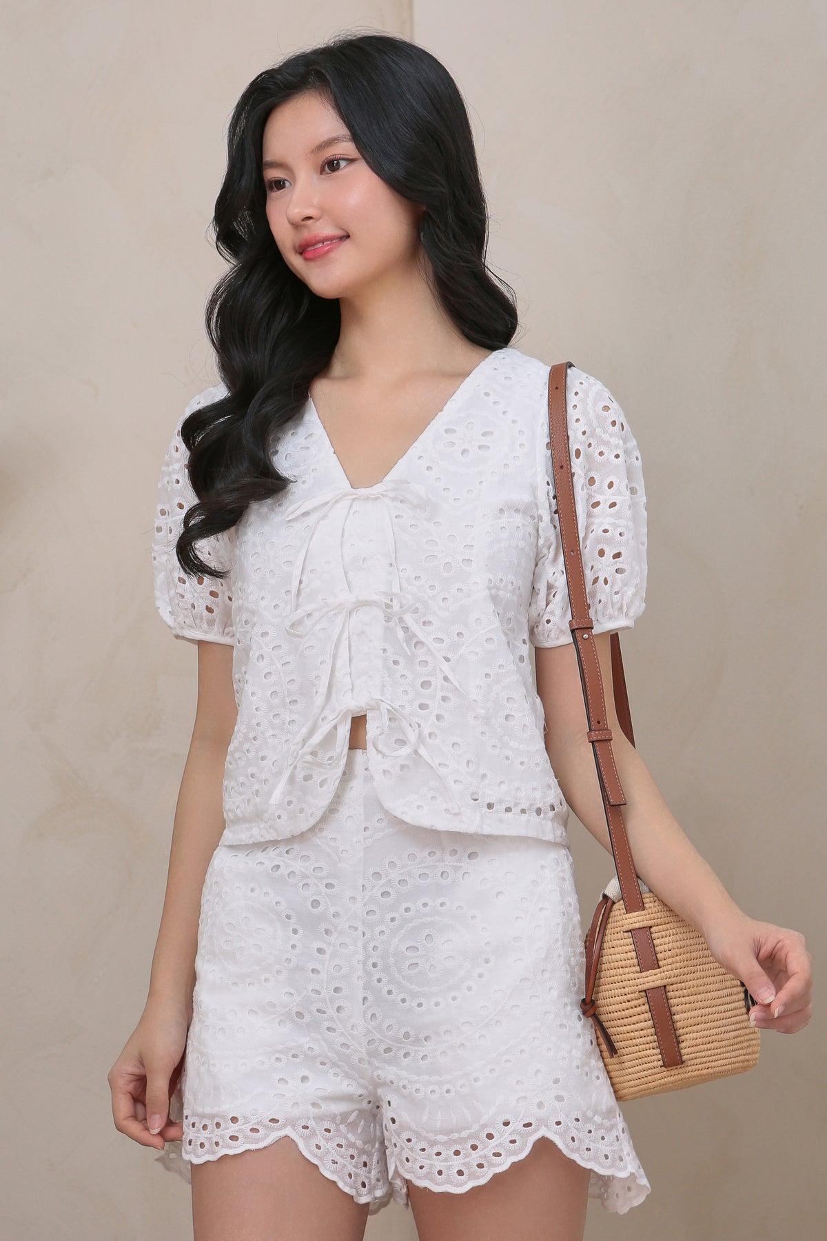 Two-Way Ribbon Eyelet Top in White