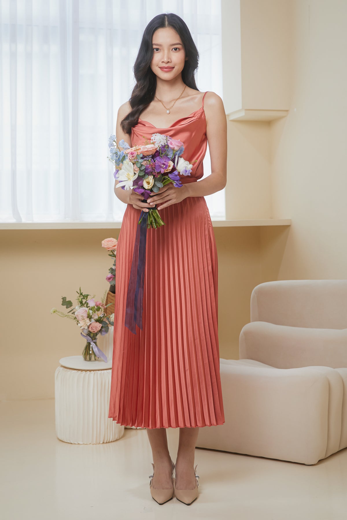 Serenade Pleated Midi Skirt in Burnt Orange