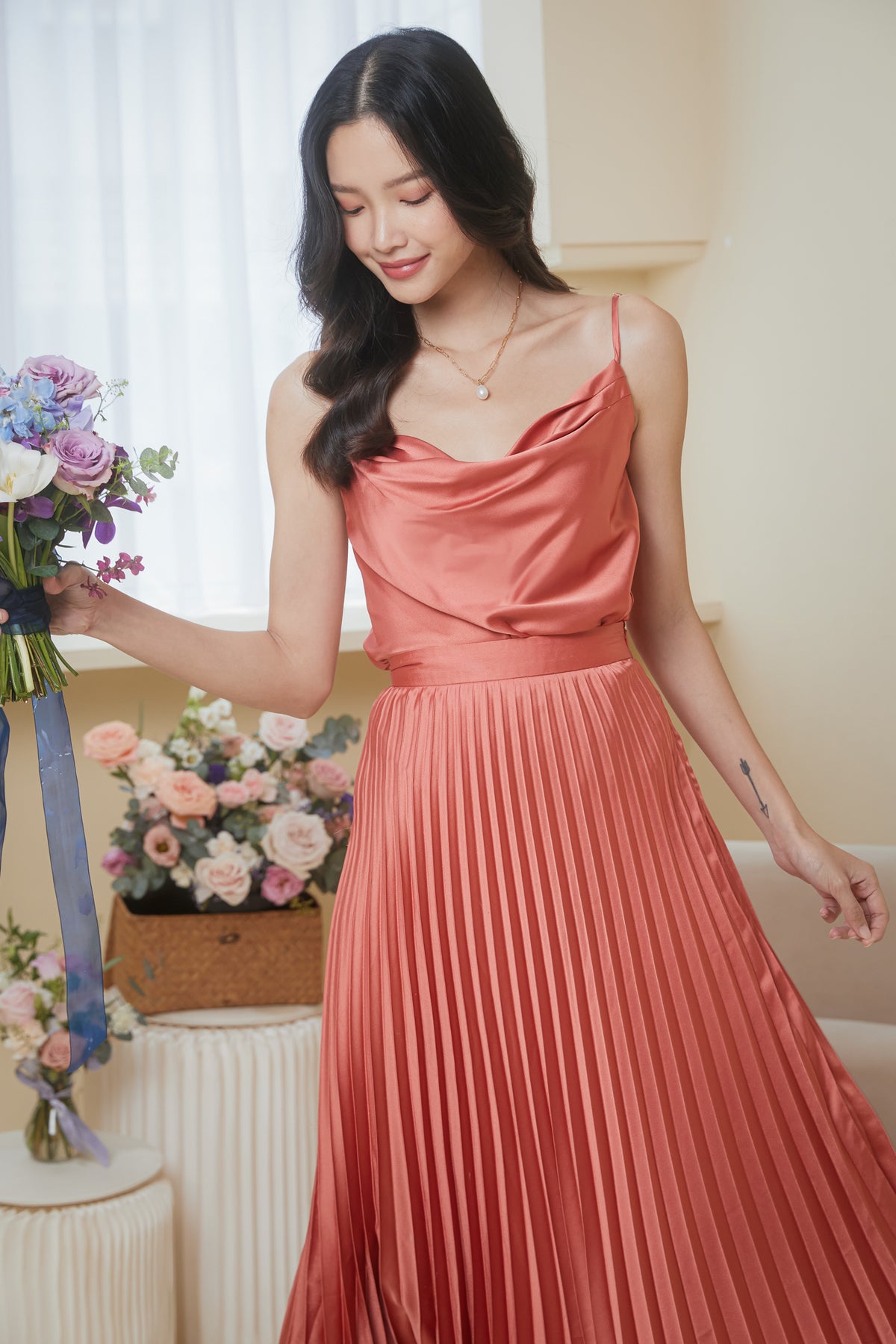 Serenade Pleated Midi Skirt in Burnt Orange