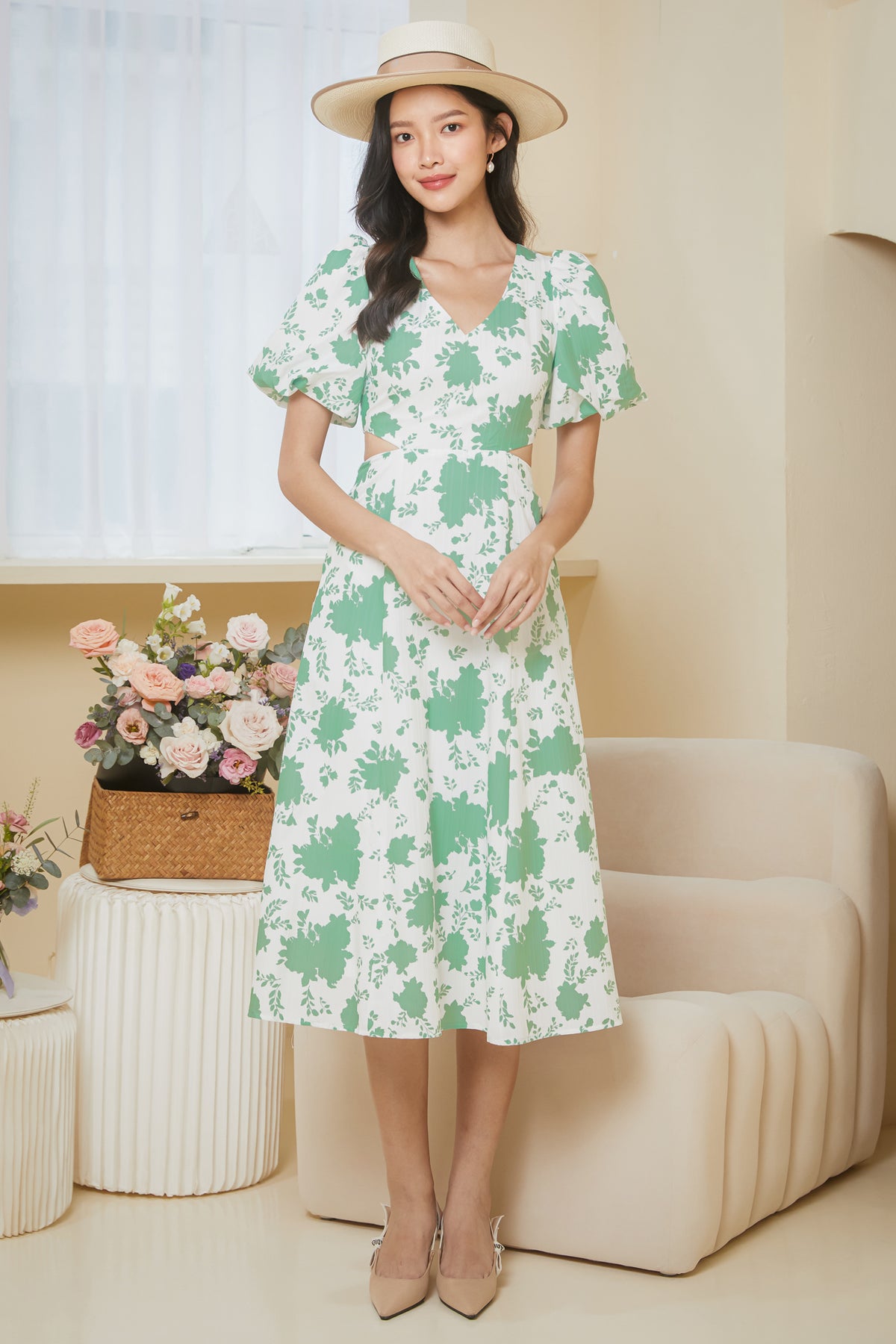 Floral Cut-Out Pouf Sleeves Dress in Sage