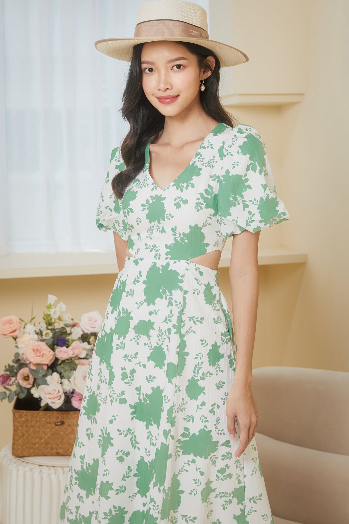 Floral Cut-Out Pouf Sleeves Dress in Sage