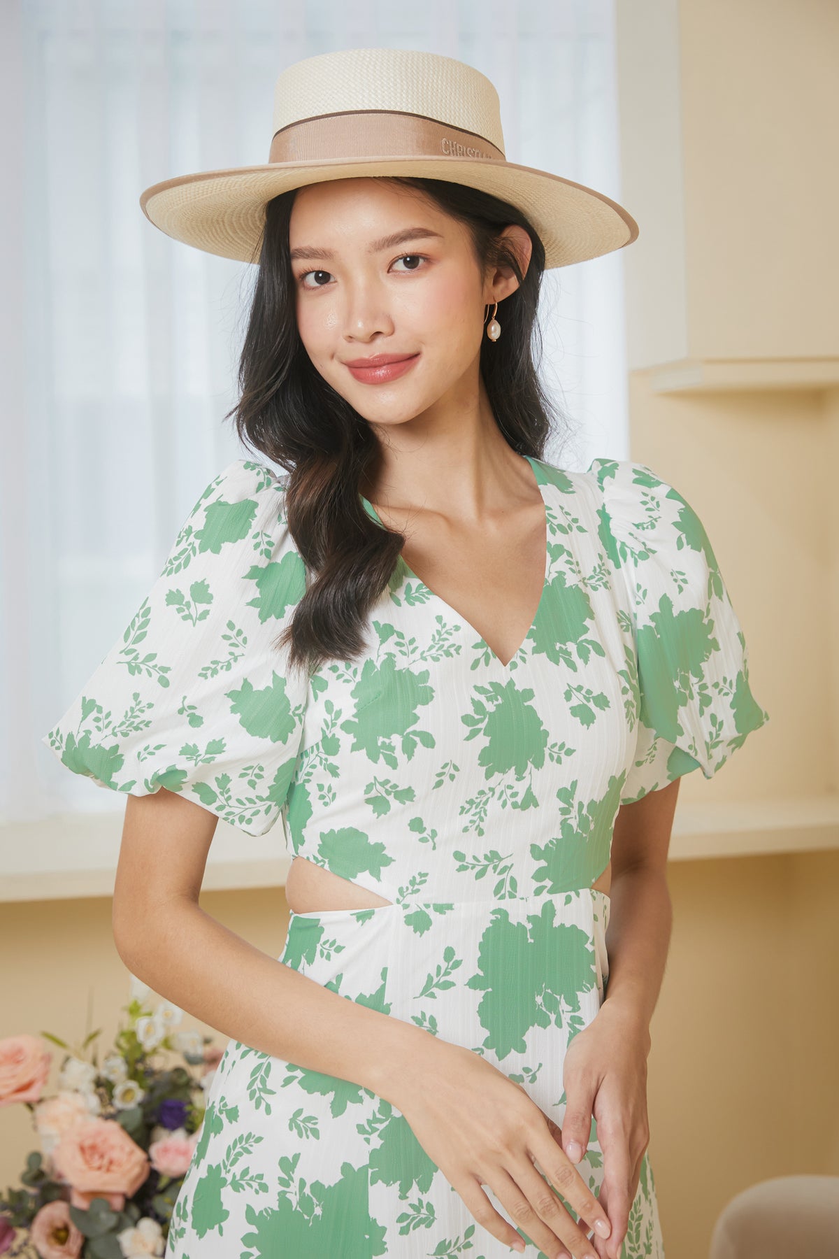 Floral Cut-Out Pouf Sleeves Dress in Sage