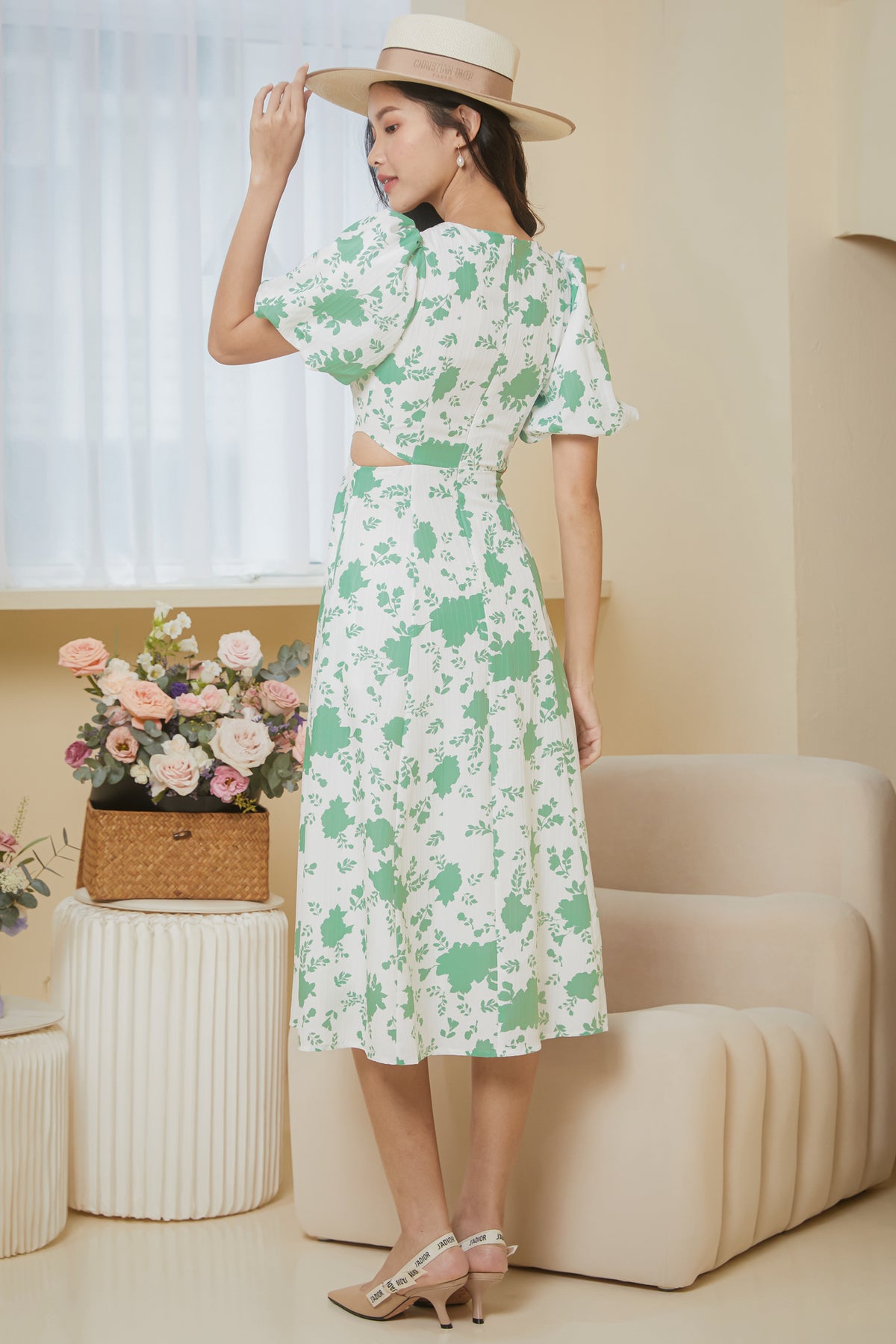 Floral Cut-Out Pouf Sleeves Dress in Sage
