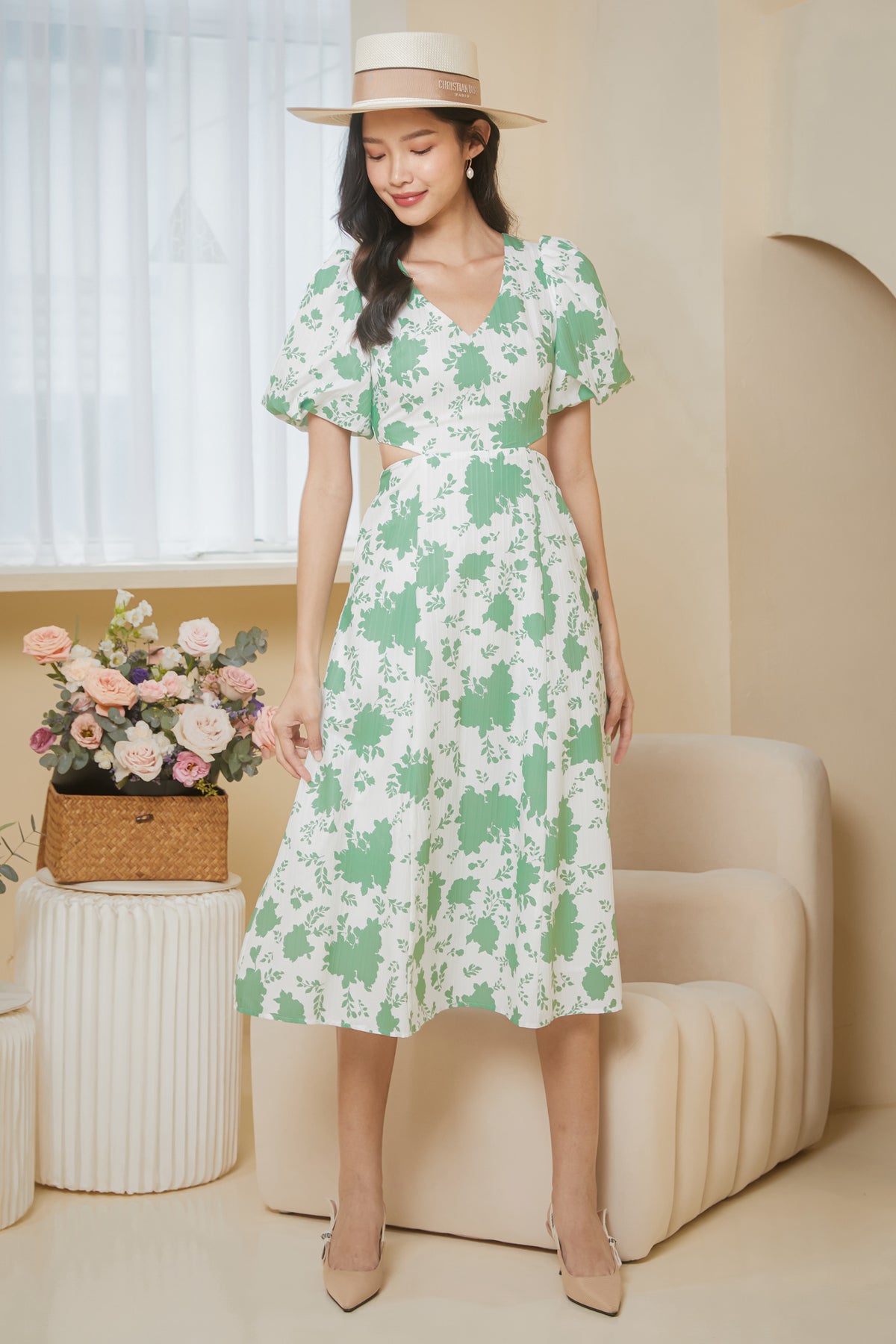 Floral Cut-Out Pouf Sleeves Dress in Sage