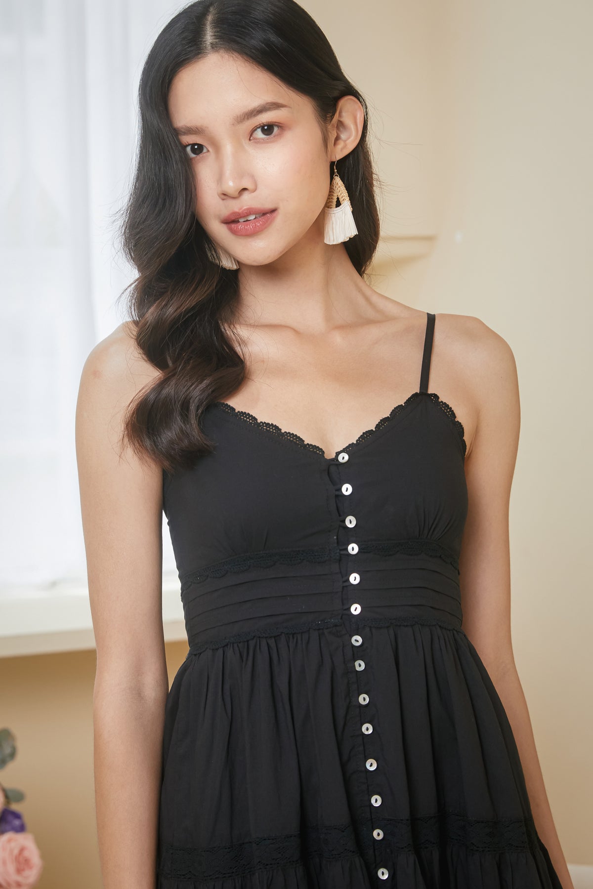 Freya Lace Trim Pintucked Dress in Black