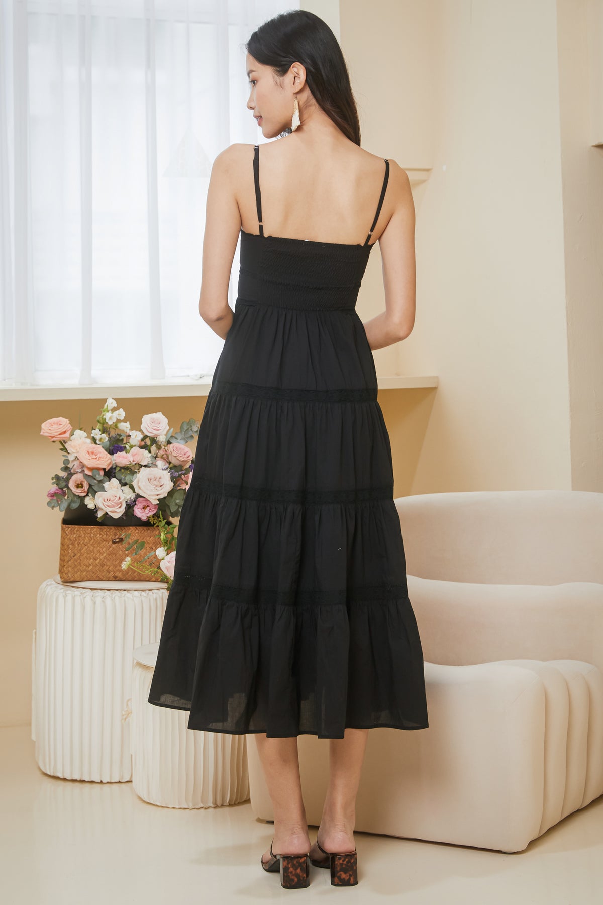 Freya Lace Trim Pintucked Dress in Black