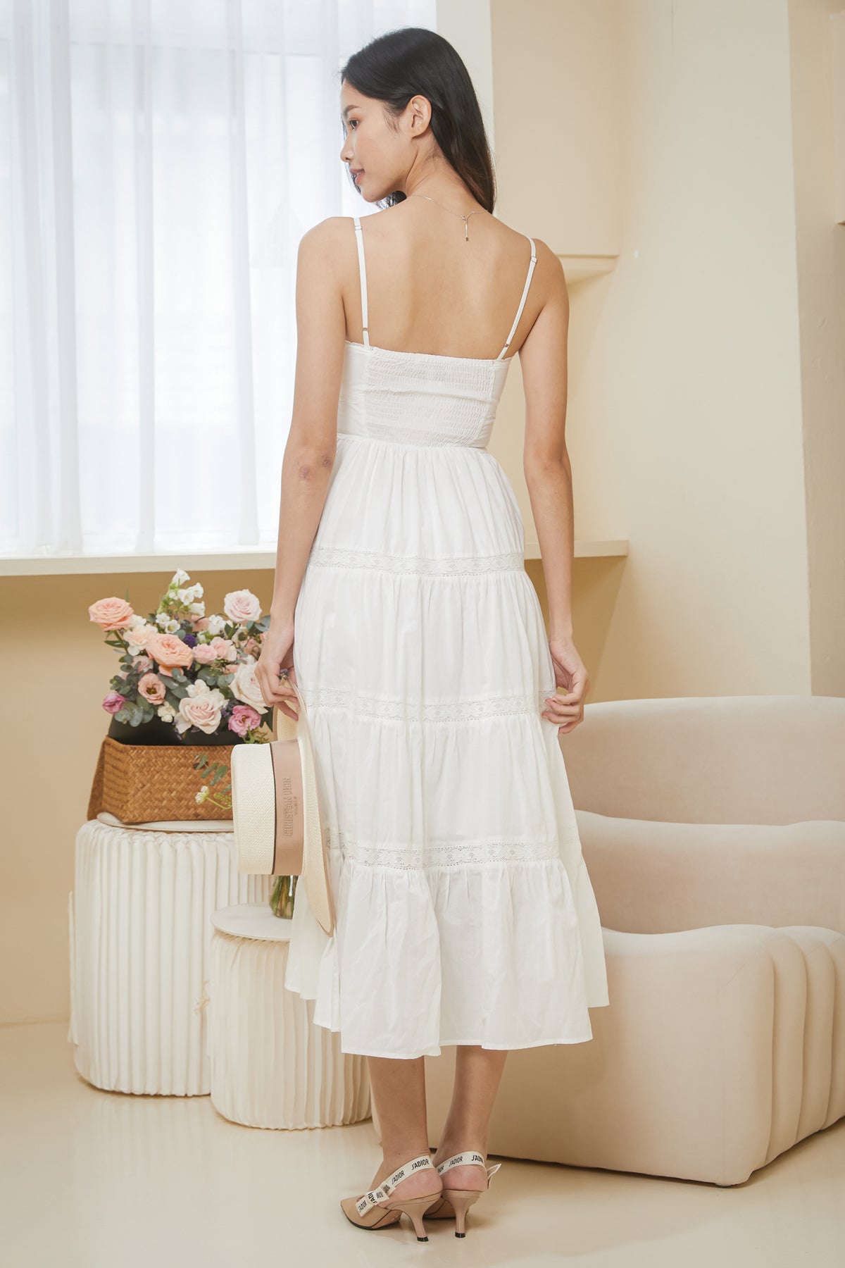 Freya Lace Trim Pintucked Dress in White