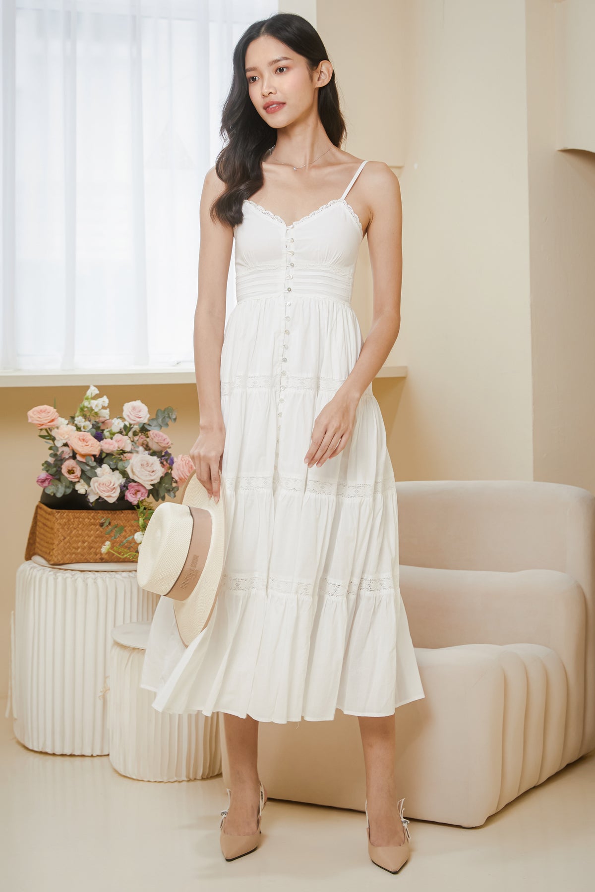Freya Lace Trim Pintucked Dress in White