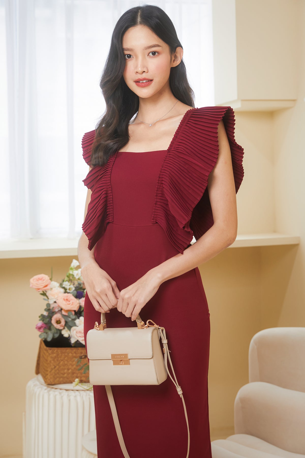 Ruffles Pleated Sleeves Dress in Wine