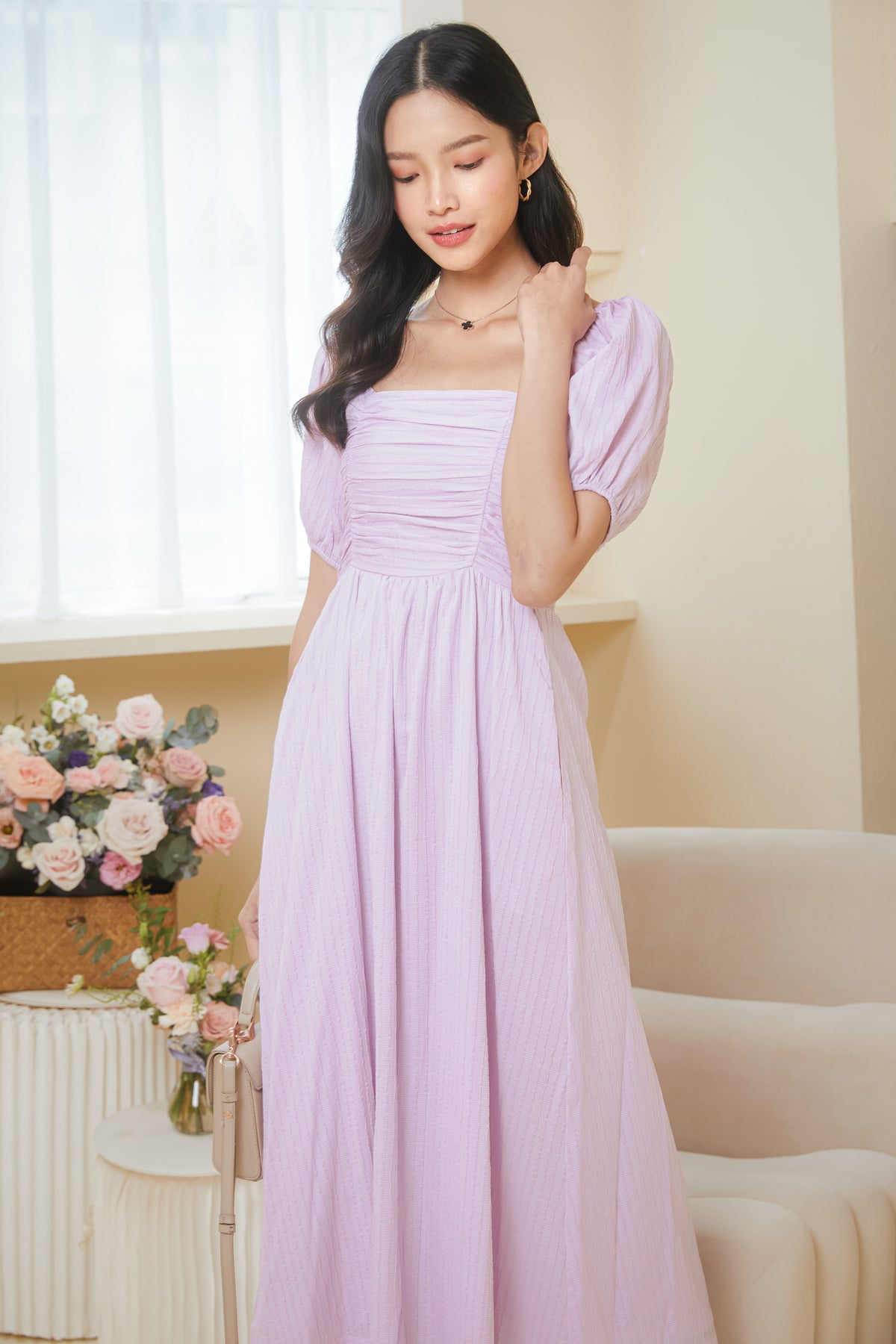 Ethereal Puff Sleeve Ruched Dress in Soft Lavender