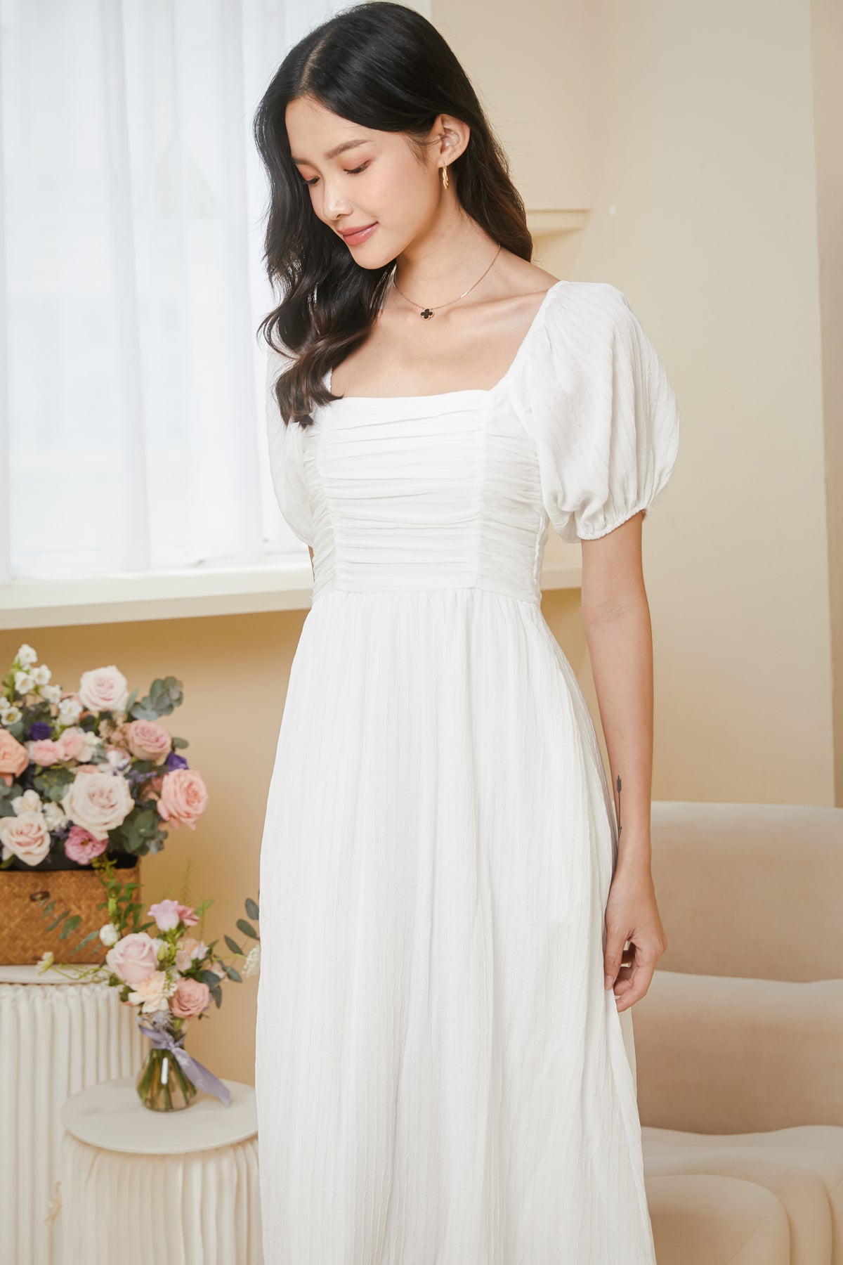 Ethereal Puff Sleeve Ruched Dress in White