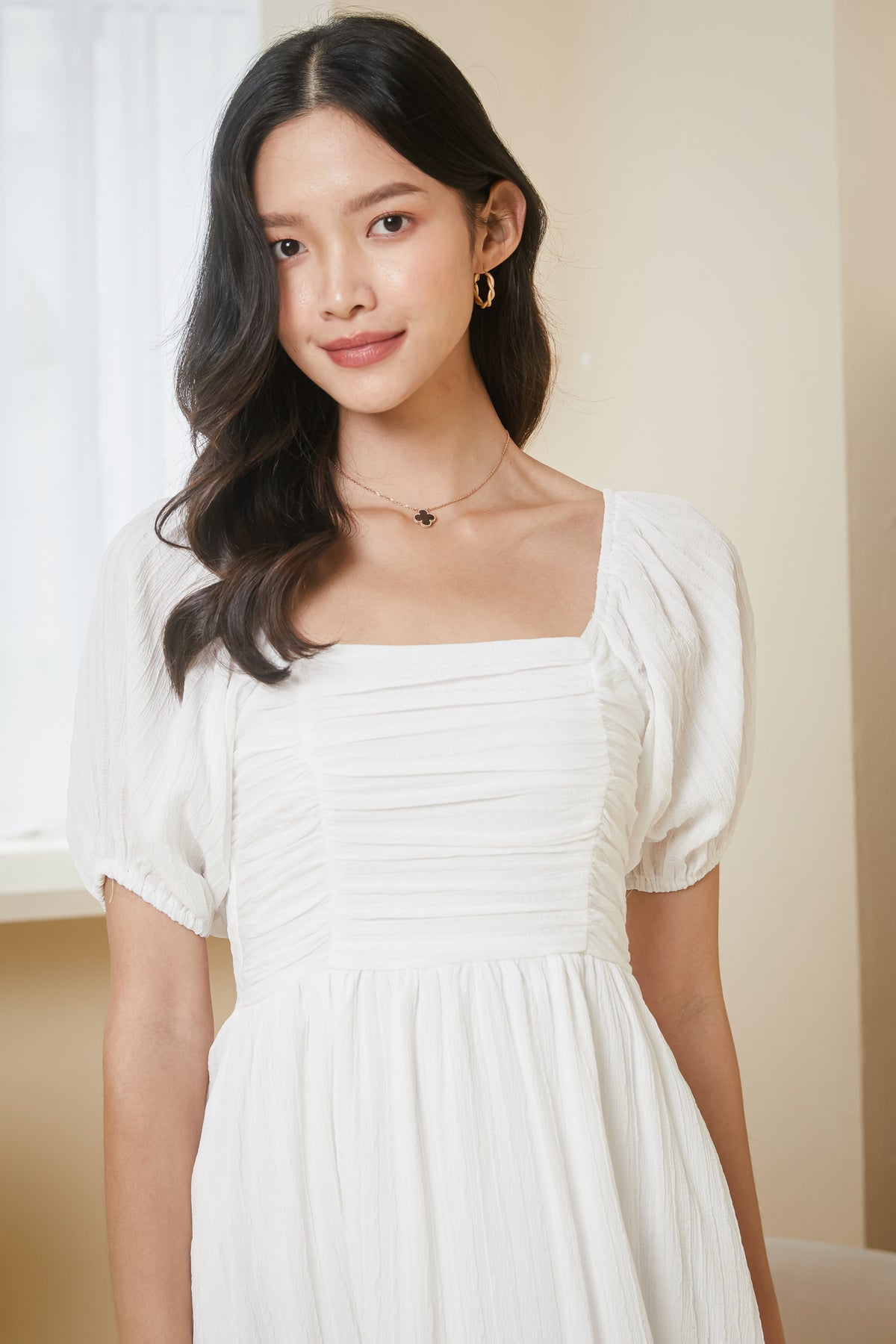 Ethereal Puff Sleeve Ruched Dress in White