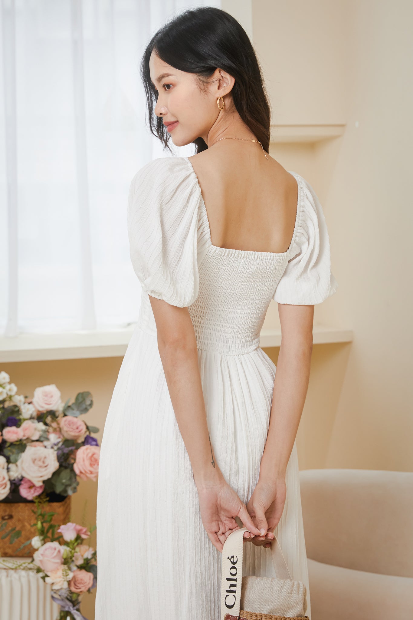 Ethereal Puff Sleeve Ruched Dress in White - TheVelvetDolls