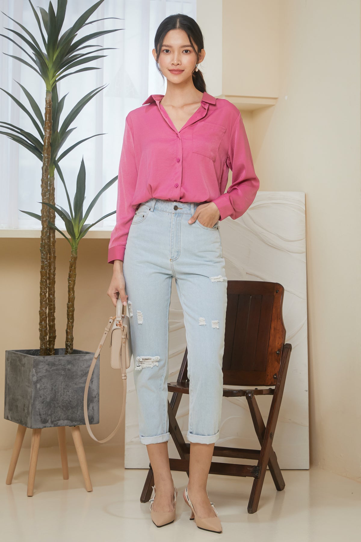Satin Button Down Shirt in Rose