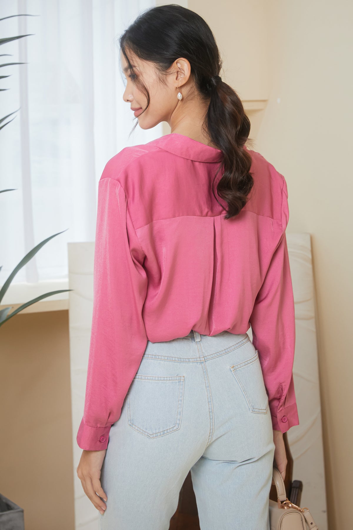 Satin Button Down Shirt in Rose