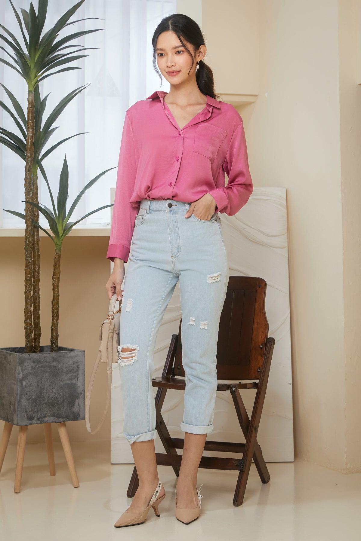 Satin Button Down Shirt in Rose