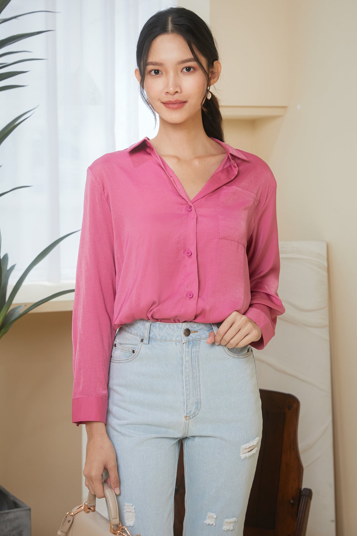 Satin Button Down Shirt in Rose