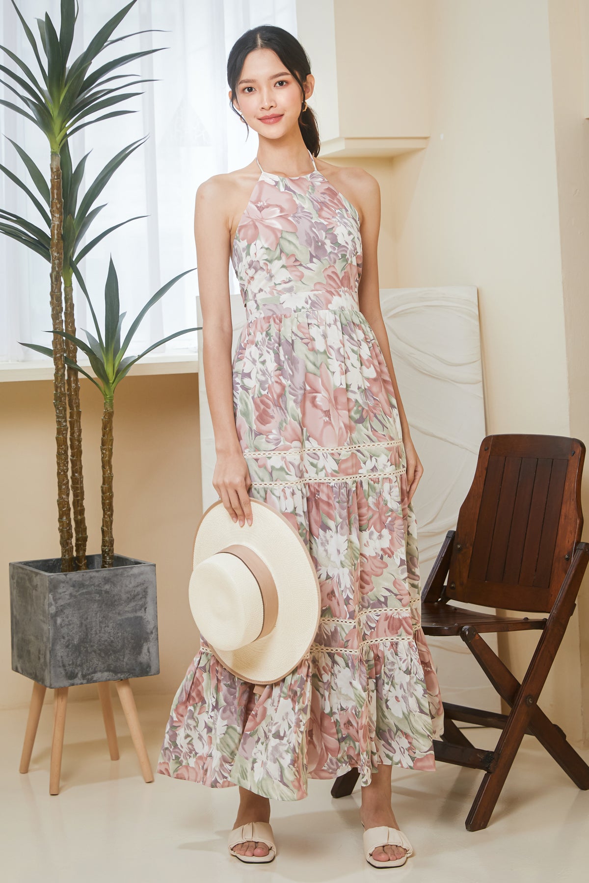 Wild Hibiscus Halter Maxi Dress in Pink (Padded)