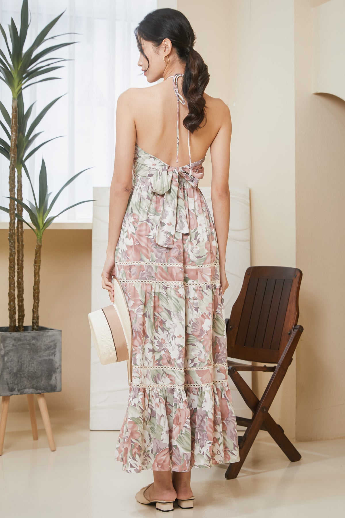Wild Hibiscus Halter Maxi Dress in Pink (Padded)