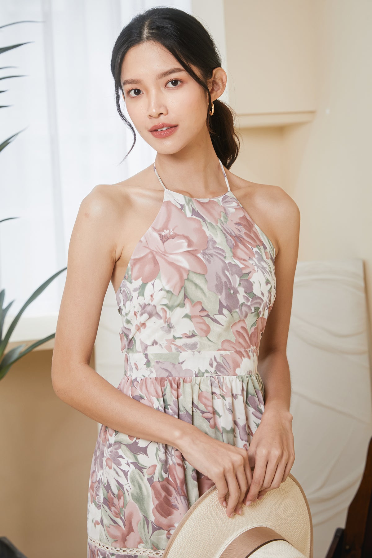 Wild Hibiscus Halter Maxi Dress in Pink (Padded)