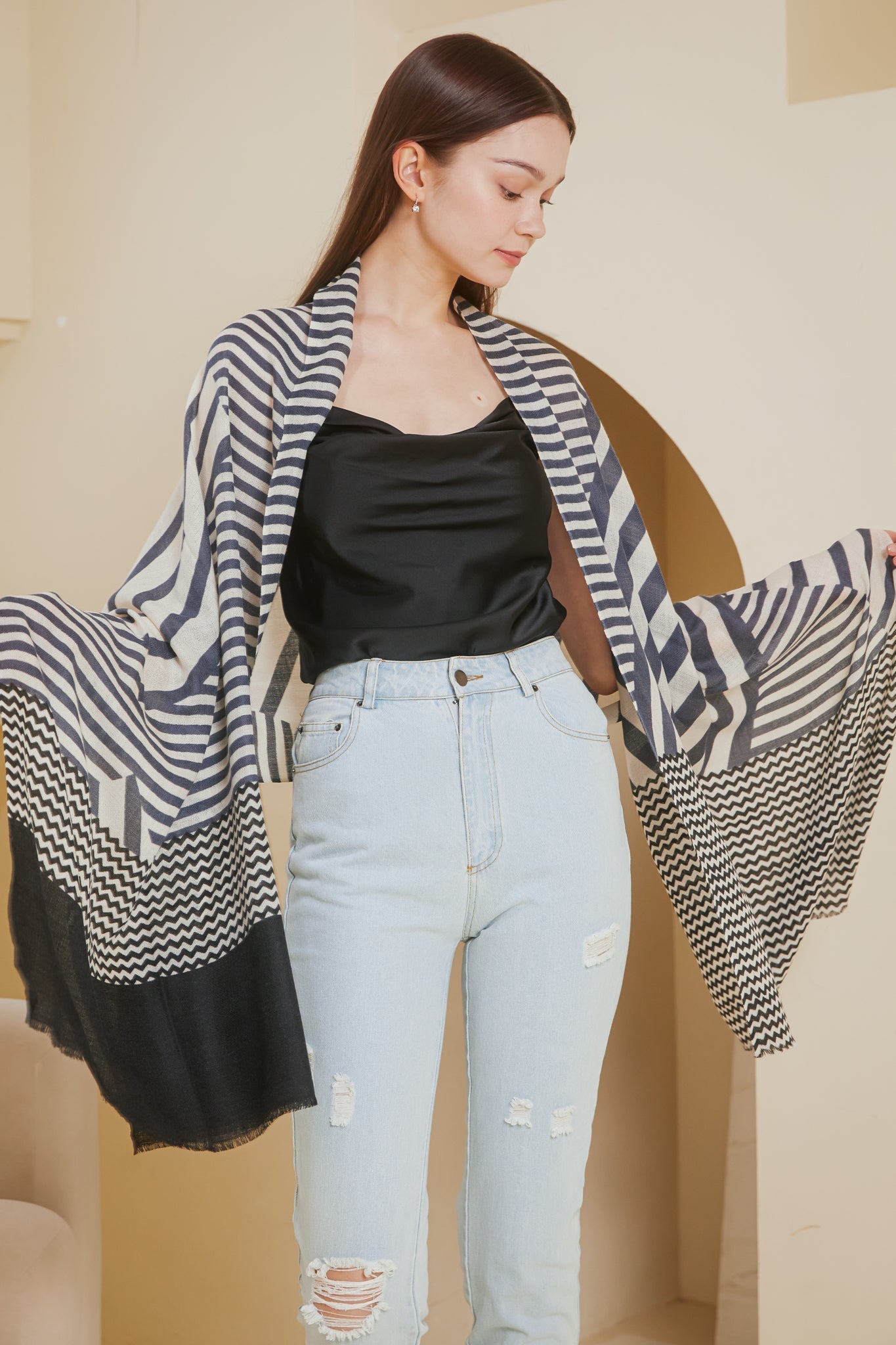 Restocked* Luxe Cashmere Shawl in Striped Navy