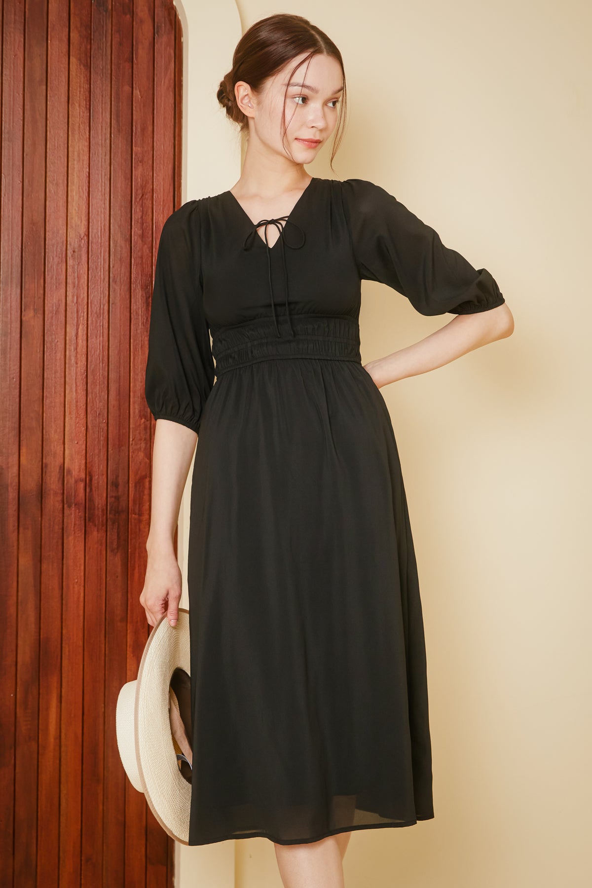 Lucy Smocked-Waist Sleeved Dress in Black