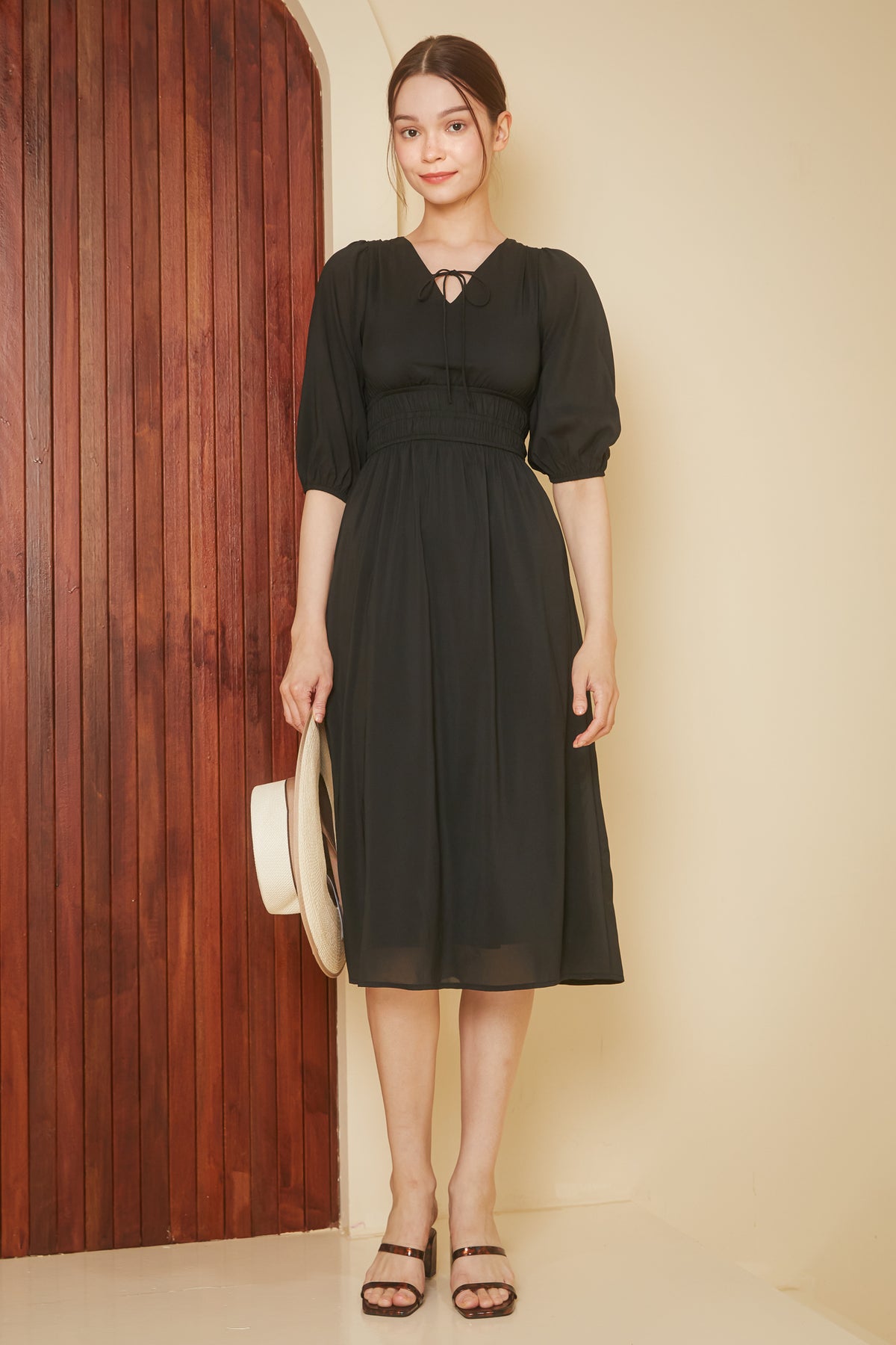 Lucy Smocked-Waist Sleeved Dress in Black