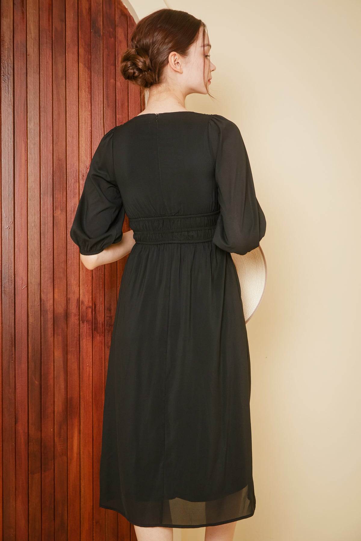 Lucy Smocked-Waist Sleeved Dress in Black