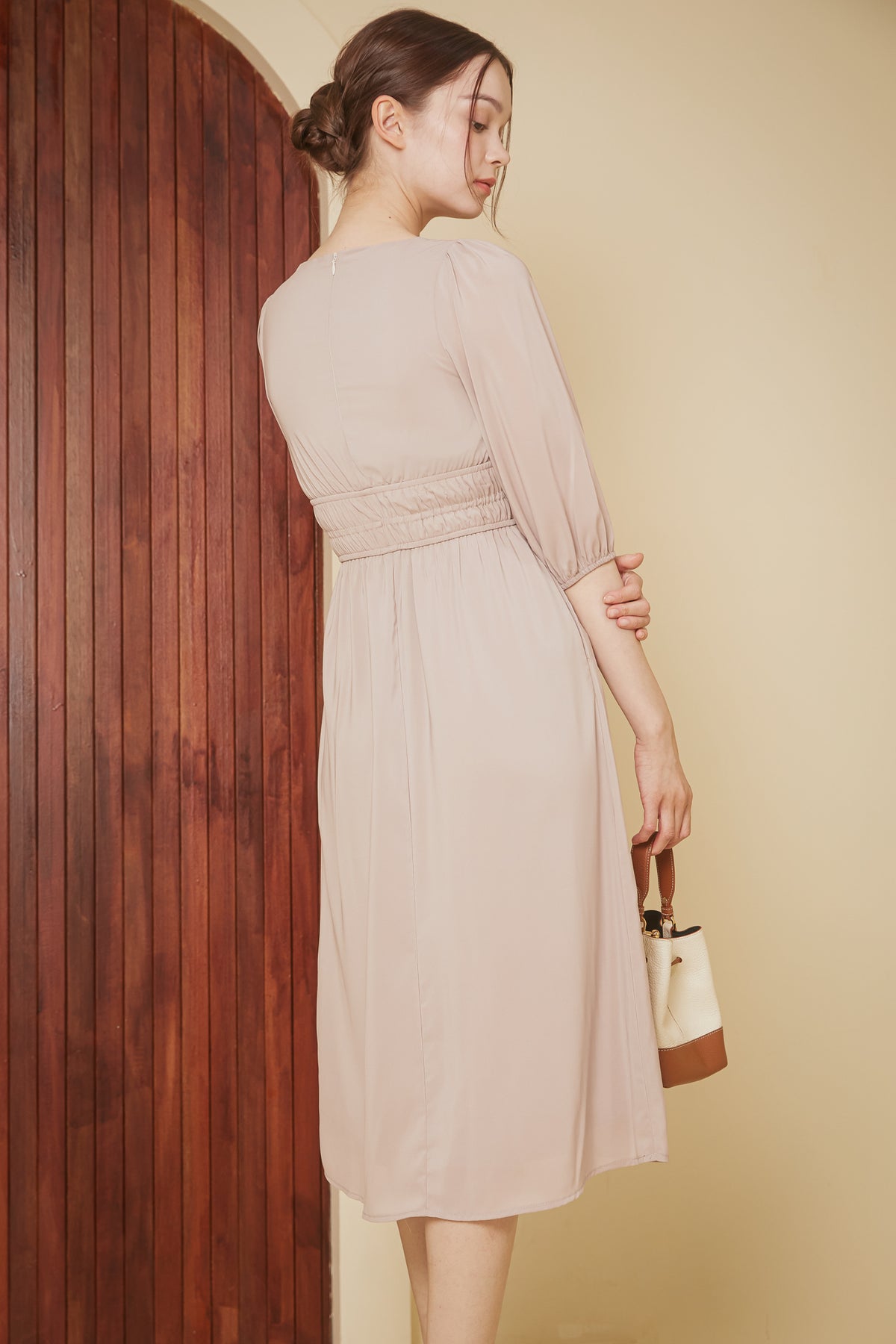 Lucy Smocked-Waist Sleeved Dress in Nude