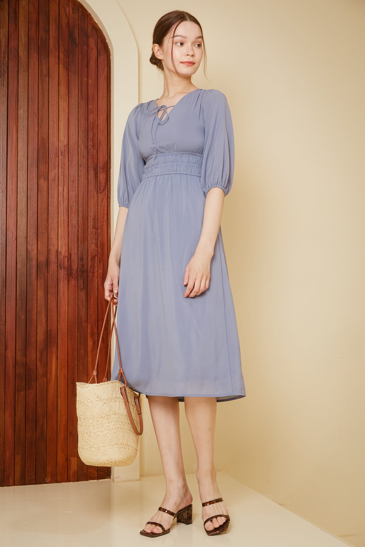 Lucy Smocked-Waist Sleeved Dress in Periwinkle