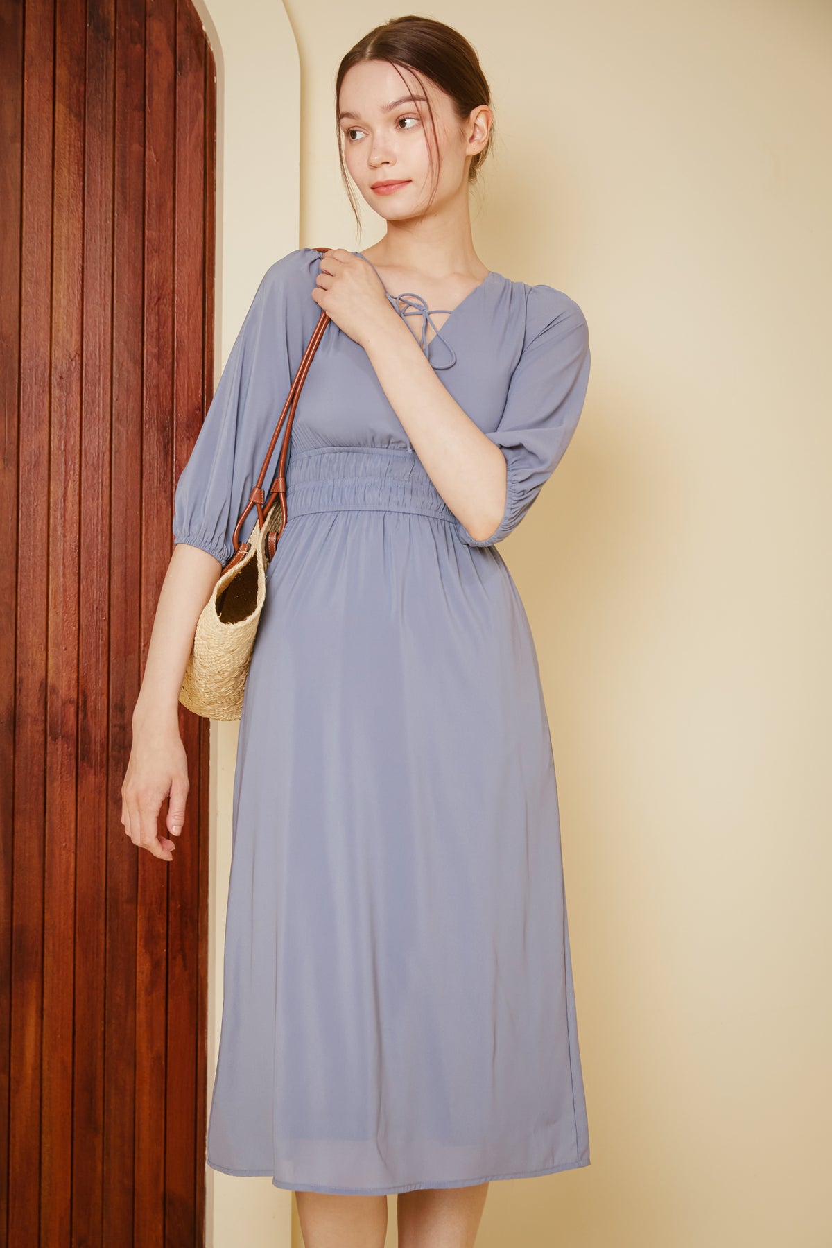 Lucy Smocked-Waist Sleeved Dress in Periwinkle
