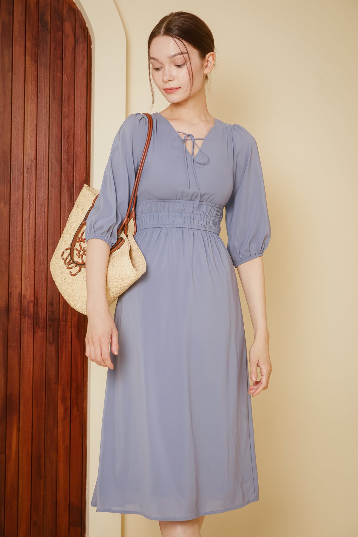 Lucy Smocked-Waist Sleeved Dress in Periwinkle