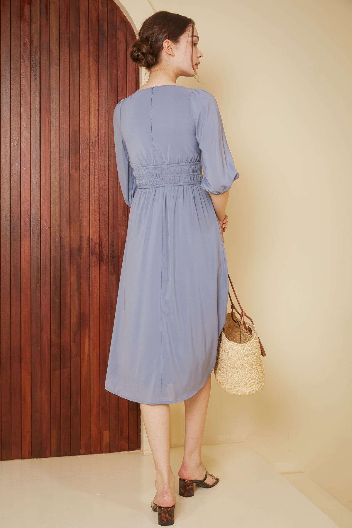 Lucy Smocked-Waist Sleeved Dress in Periwinkle