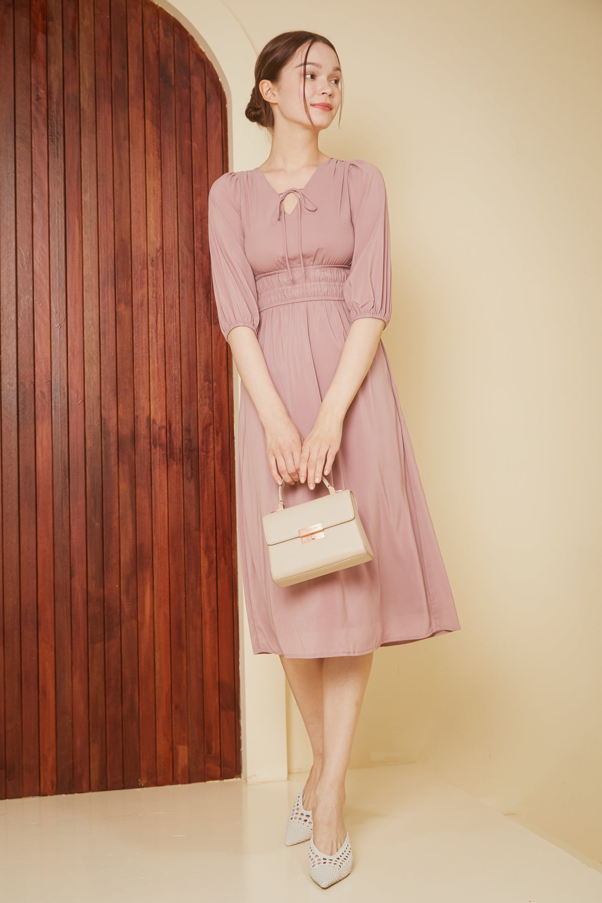 Lucy Smocked-Waist Sleeved Dress in Dusty Pink