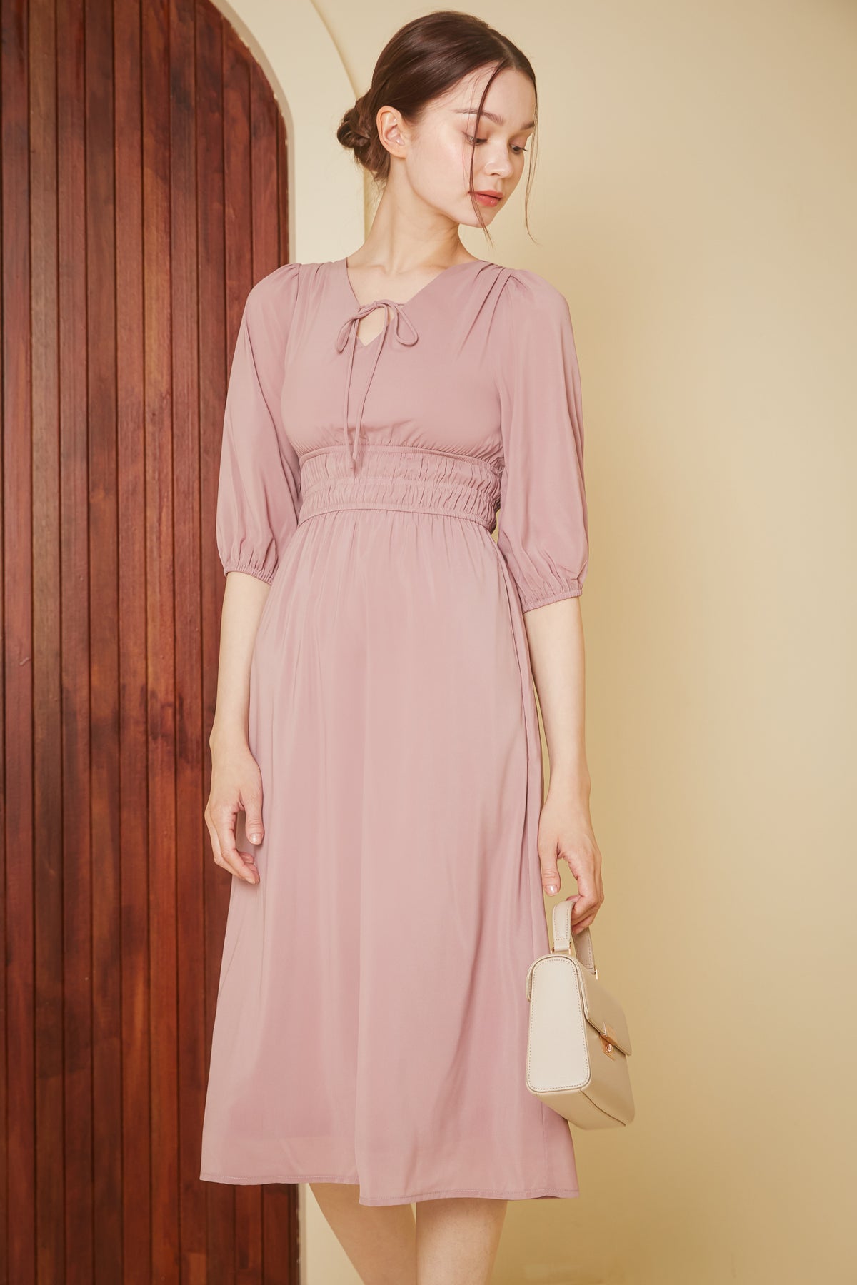 Lucy Smocked-Waist Sleeved Dress in Dusty Pink