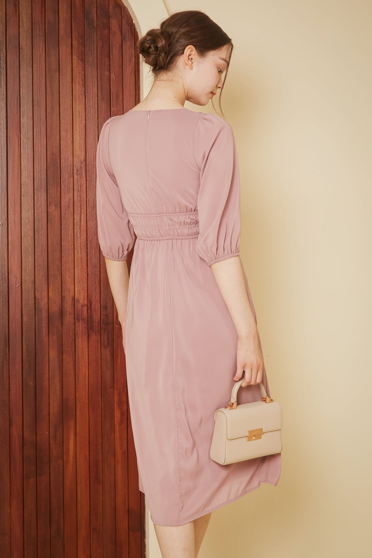 Lucy Smocked-Waist Sleeved Dress in Dusty Pink