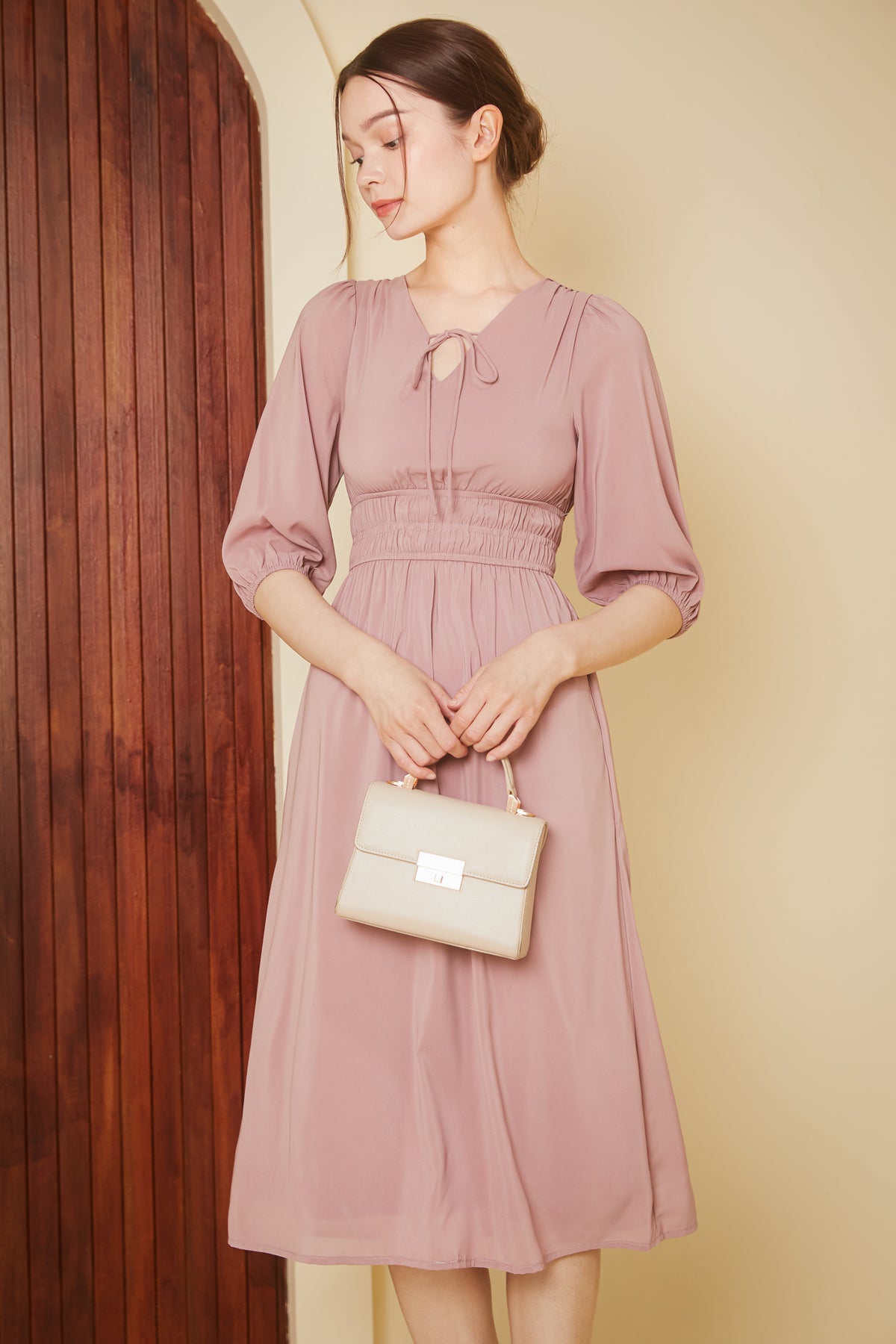 Lucy Smocked-Waist Sleeved Dress in Dusty Pink