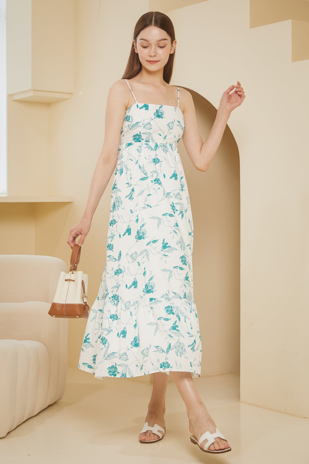 Springleaf Strappy Drophem Dress in Teal