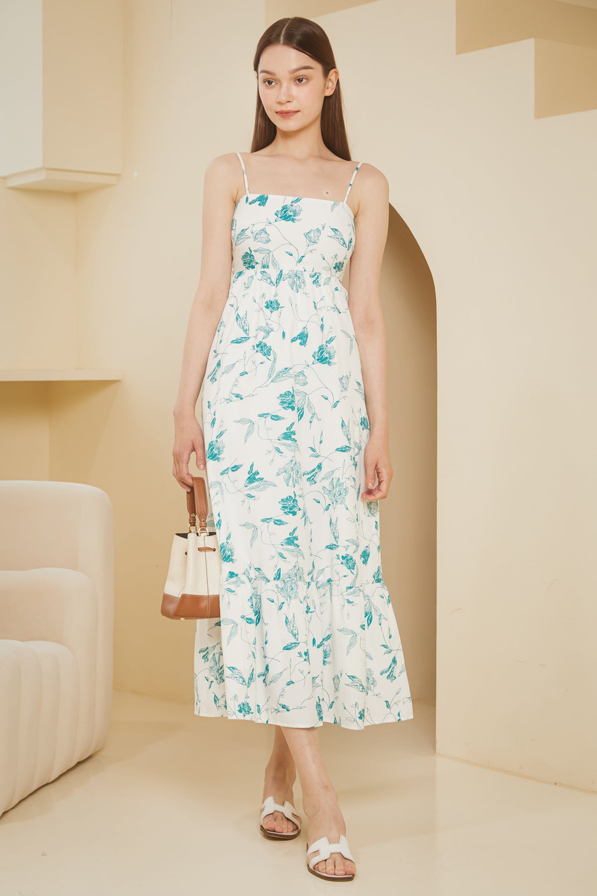 Springleaf Strappy Drophem Dress in Teal