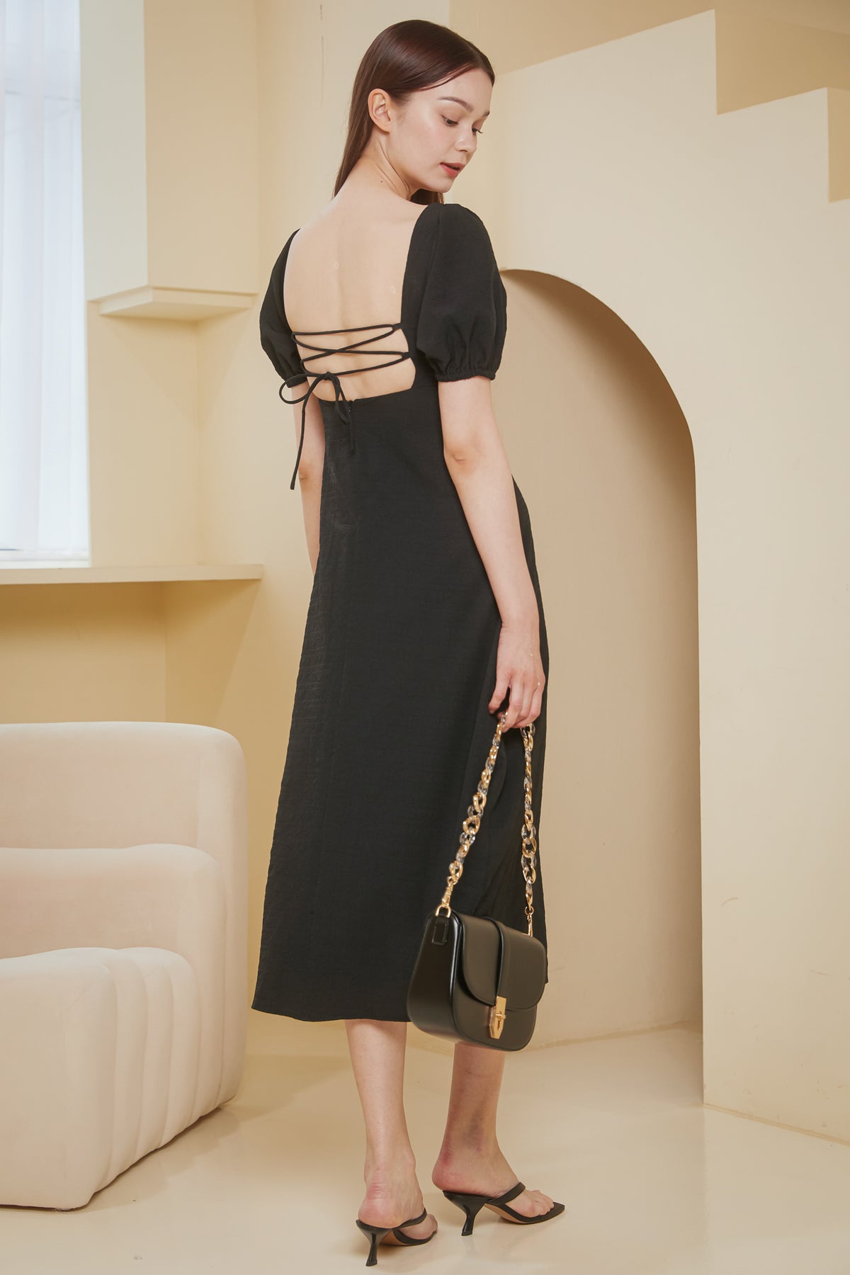 Waffle Textured Shoelace Dress in Black