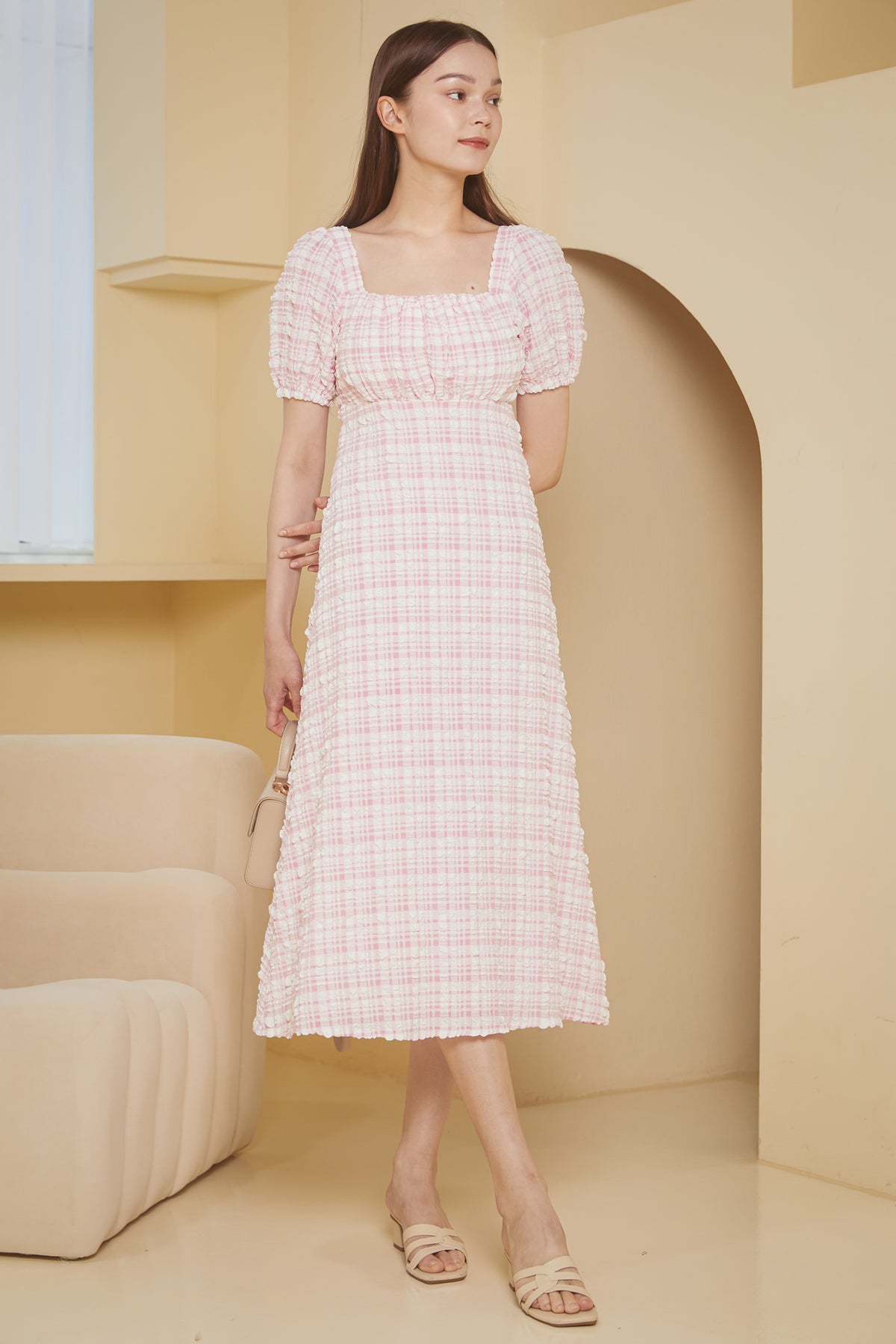 Waffle Textured Shoelace Dress in Pink Gingham
