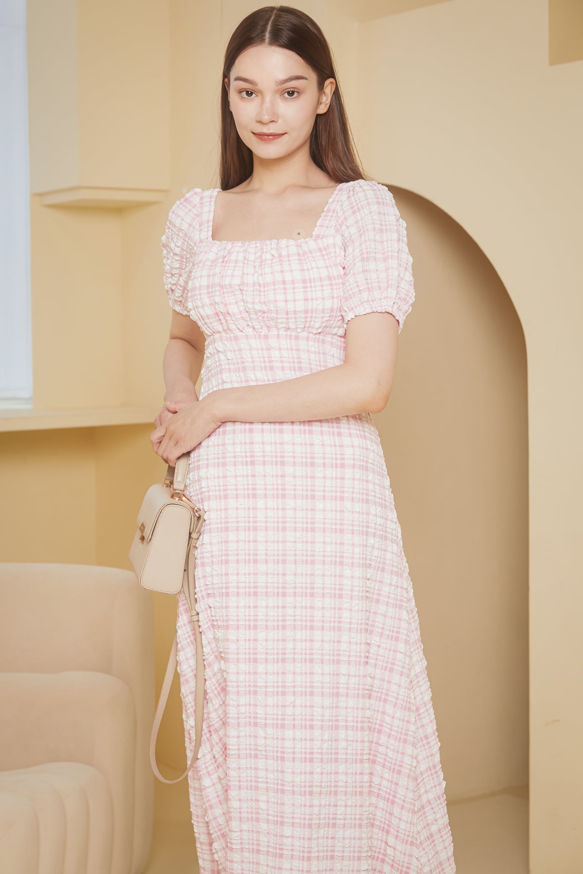 Waffle Textured Shoelace Dress in Pink Gingham