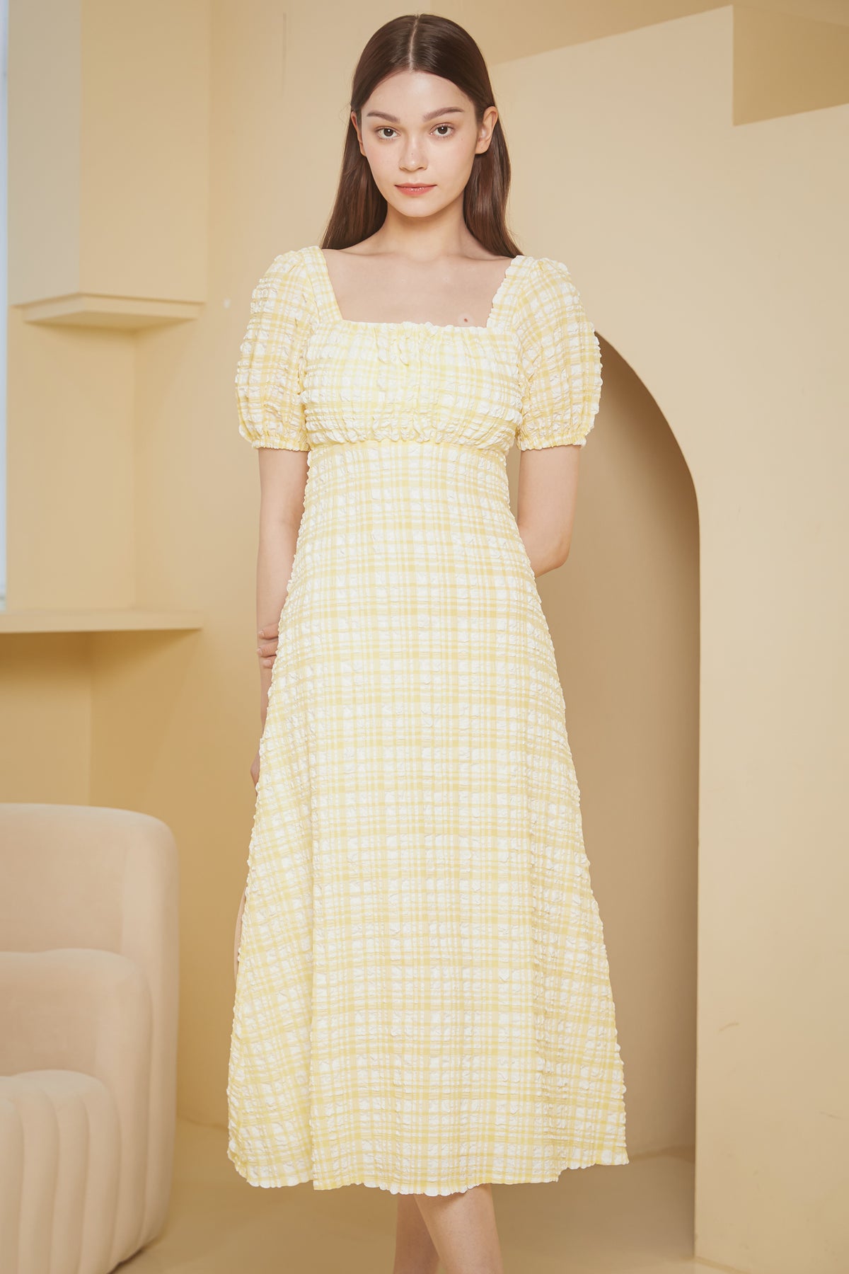 Waffle Textured Shoelace Dress in Yellow Gingham