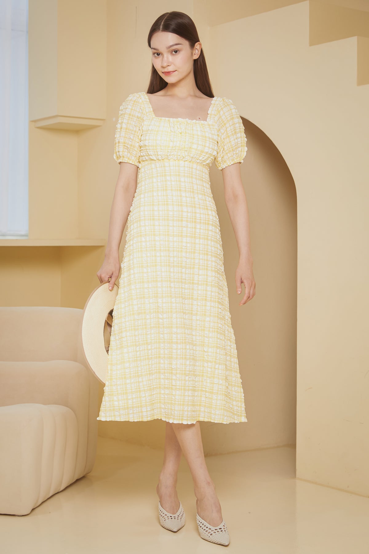 Waffle Textured Shoelace Dress in Yellow Gingham