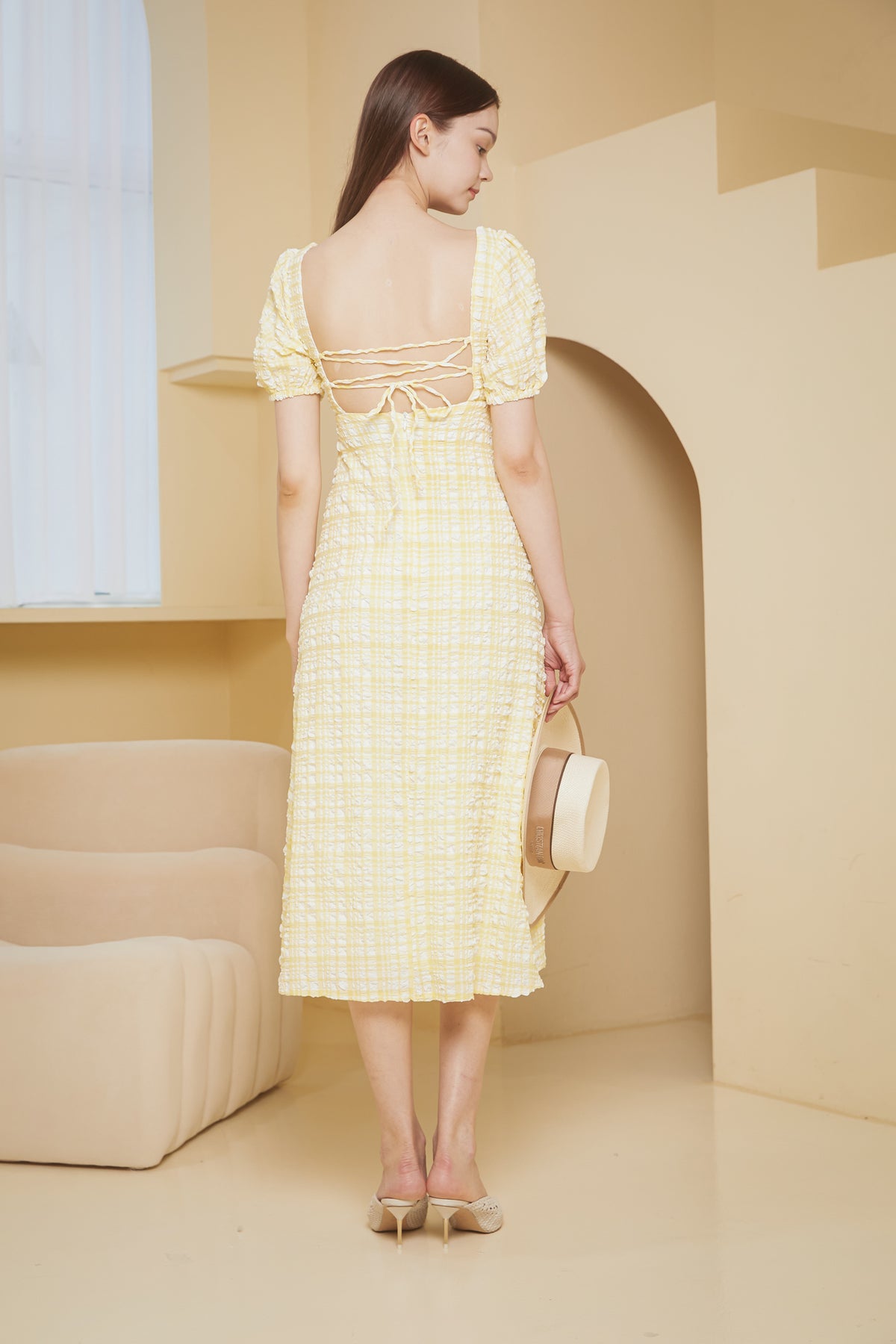 Waffle Textured Shoelace Dress in Yellow Gingham