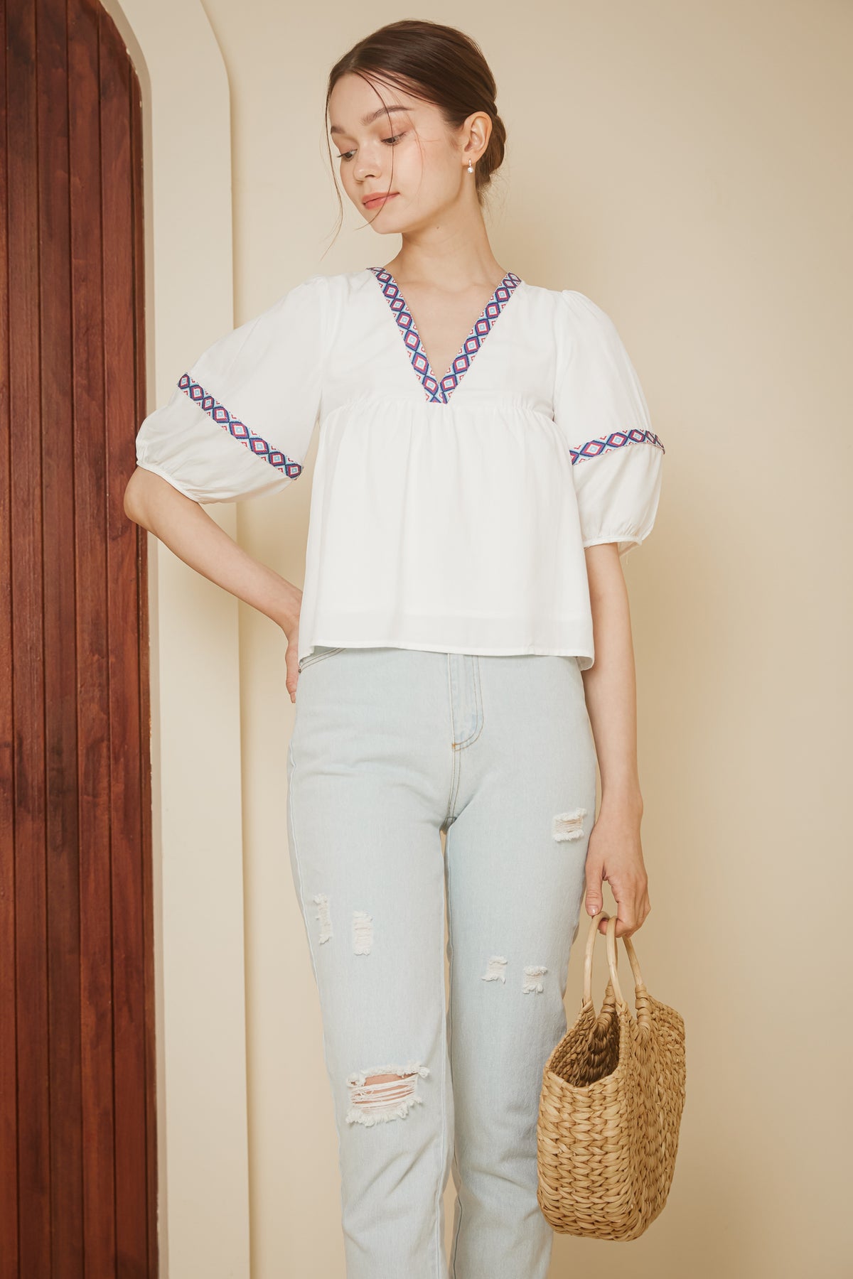 Tribe Balloon Sleeves Top in White